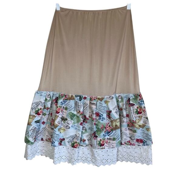 Under Moments Midi Length Skirt Slip Layered Novelty Print Eyelet Hem Boho Retro - Picture 3 of 15